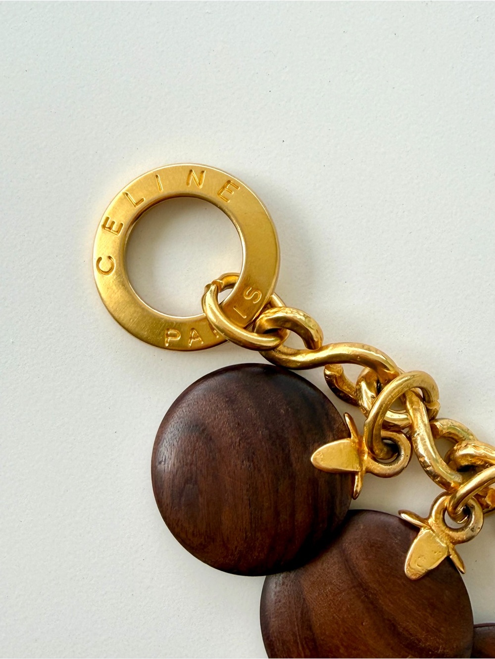 Celine Vintage Gold-Tone Chain Bracelet with Brown Wood Disc Charms - Picture 3 of 13